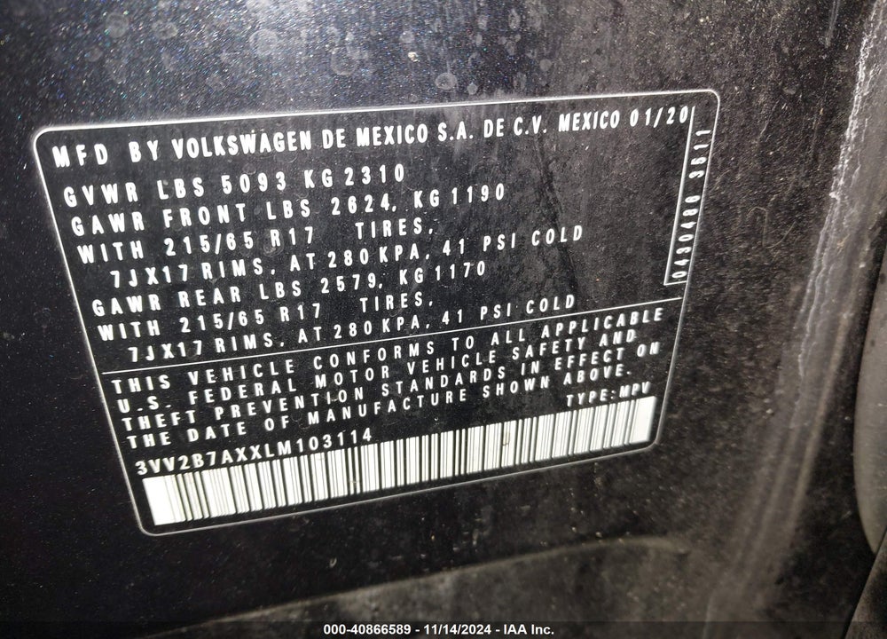 2020 VOLKSWAGEN TIGUAN 2.0T SE/2.0T SE R-LINE BLACK/2.0T SEL VIN: 3VV2B7AXXLM103114