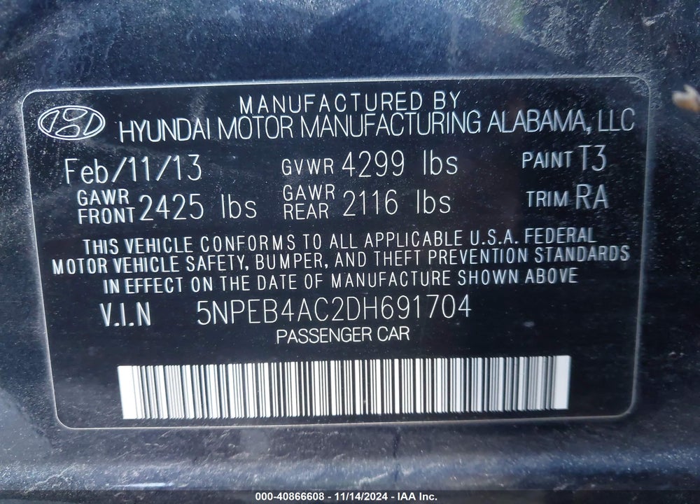 2013 HYUNDAI SONATA GLS VIN: 5NPEB4AC2DH691704