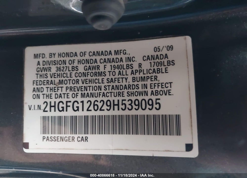 2009 HONDA CIVIC LX VIN: 2HGFG12629H539095