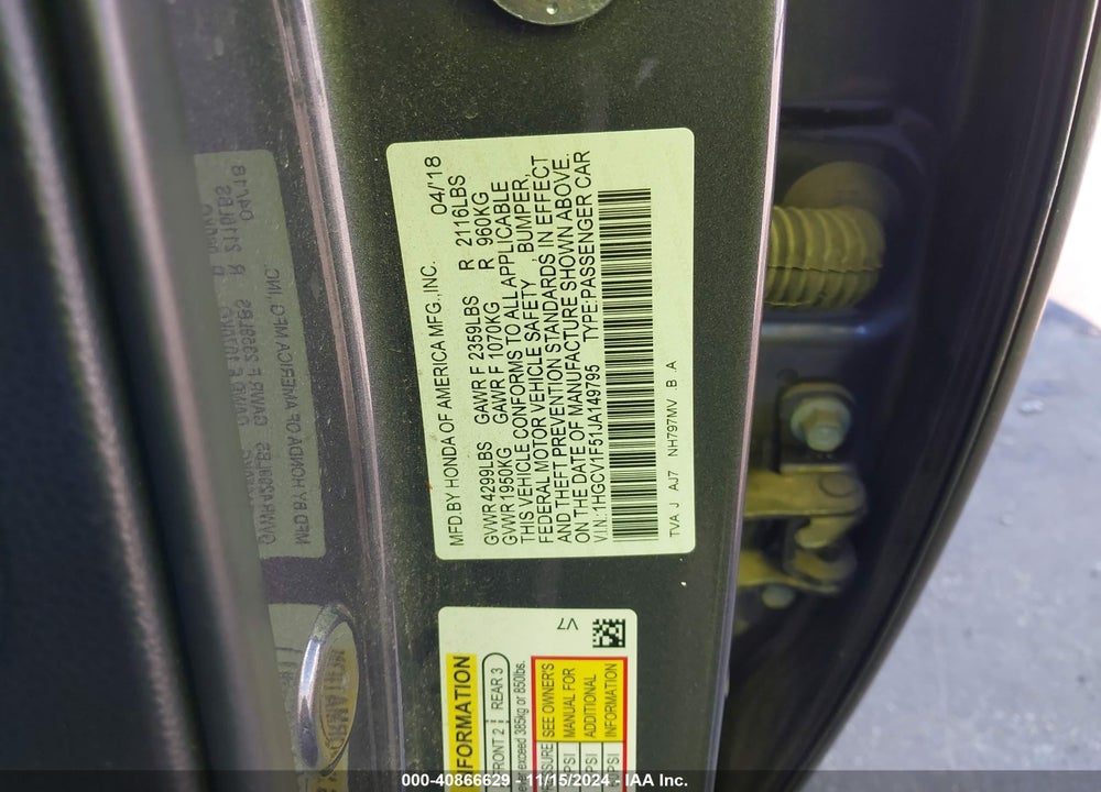 2018 HONDA ACCORD VIN: 1HGCV1F51JA149795