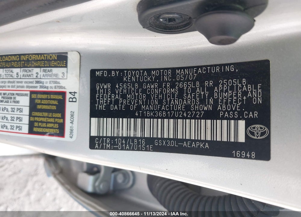 2007 TOYOTA AVALON LIMITED VIN: 4T1BK36B17U242727