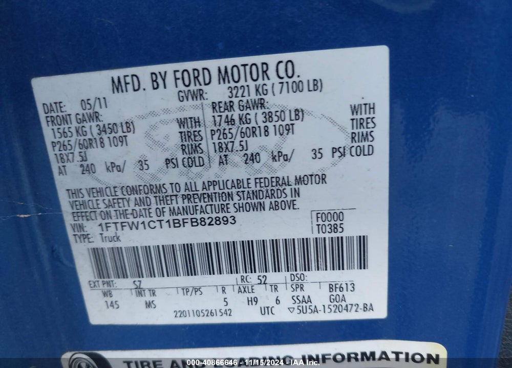 2011 FORD F-150 XLT VIN: 1FTFW1CT1BFB82893