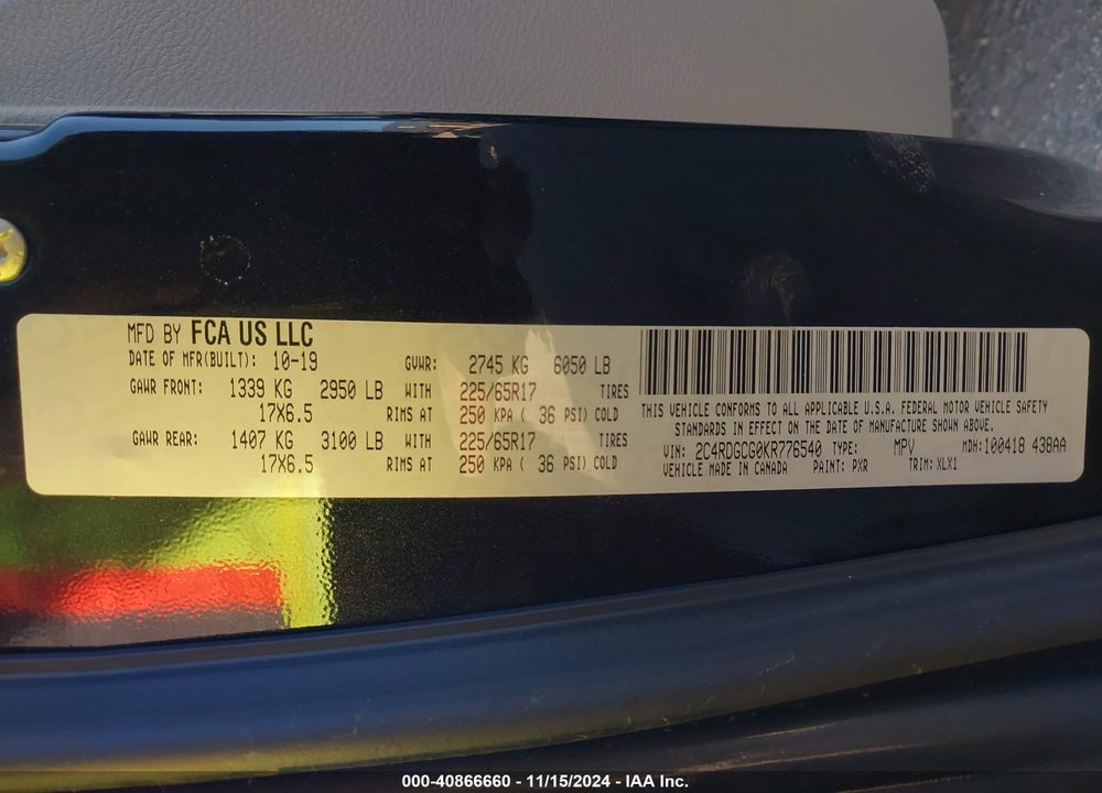 2019 DODGE GRAND CARAVAN SXT VIN: 2C4RDGCG0KR776540