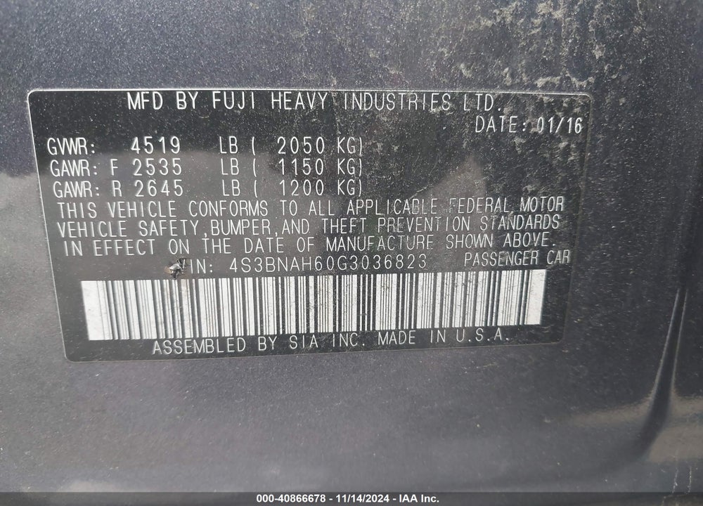 2016 SUBARU LEGACY 2.5I PREMIUM VIN: 4S3BNAH60G3036823