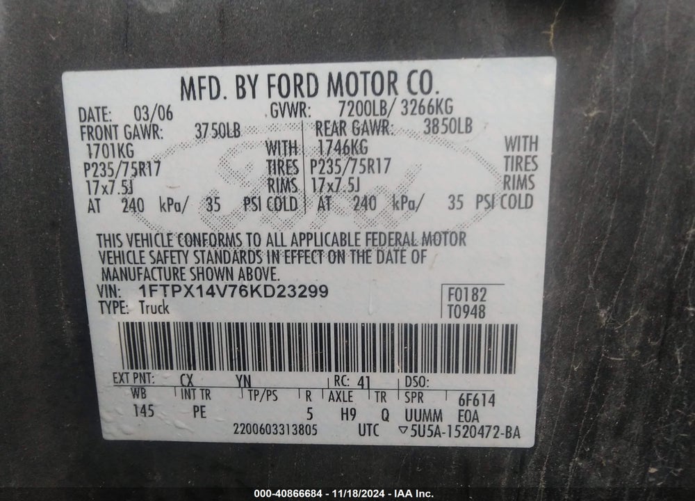 2006 FORD F-150 FX4/LARIAT/XL/XLT VIN: 1FTPX14V76KD23299