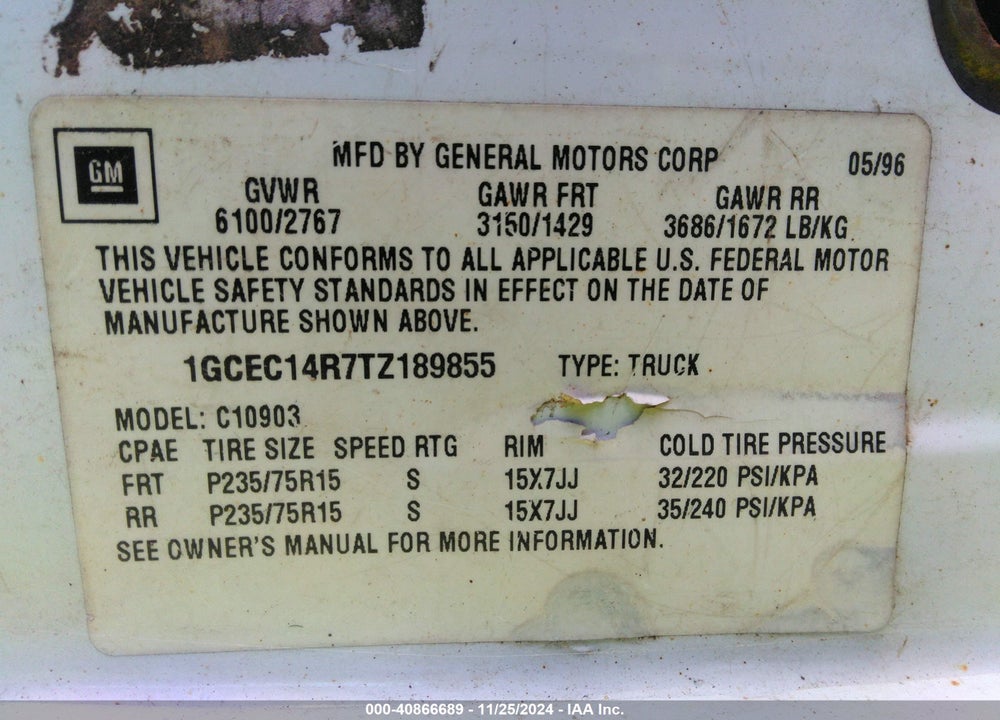 1996 CHEVROLET GMT-400 C1500 VIN: 1GCEC14R7TZ189855