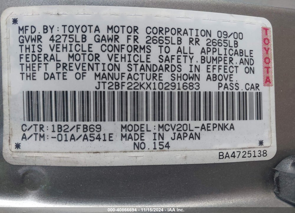 2001 TOYOTA CAMRY LE V6 VIN: JT2BF22KX10291683