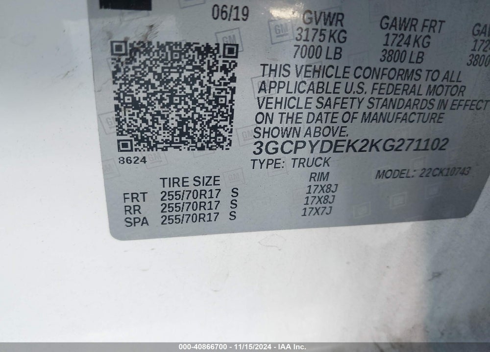 2019 CHEVROLET SILVERADO 1500 LT VIN: 3GCPYDEK2KG271102