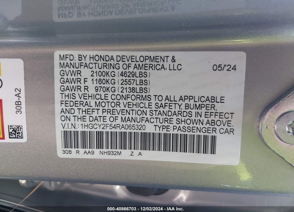 2024 HONDA ACCORD HYBRID SPORT VIN: 1HGCY2F54RA065320