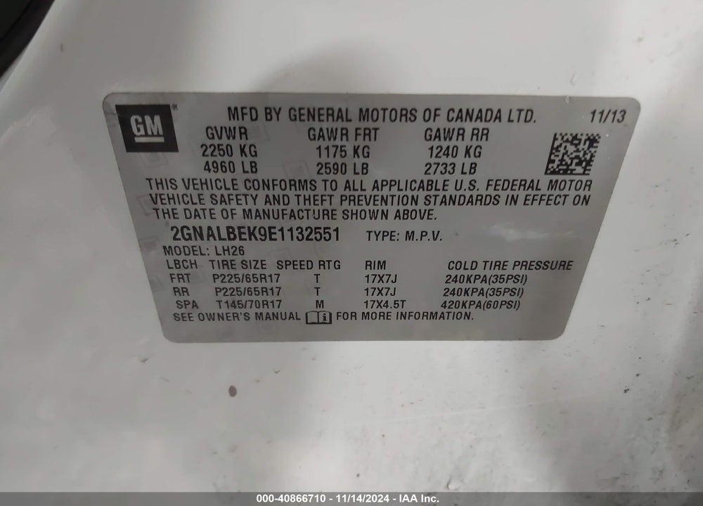 2014 CHEVROLET EQUINOX 1LT VIN: 2GNALBEK9E1132551