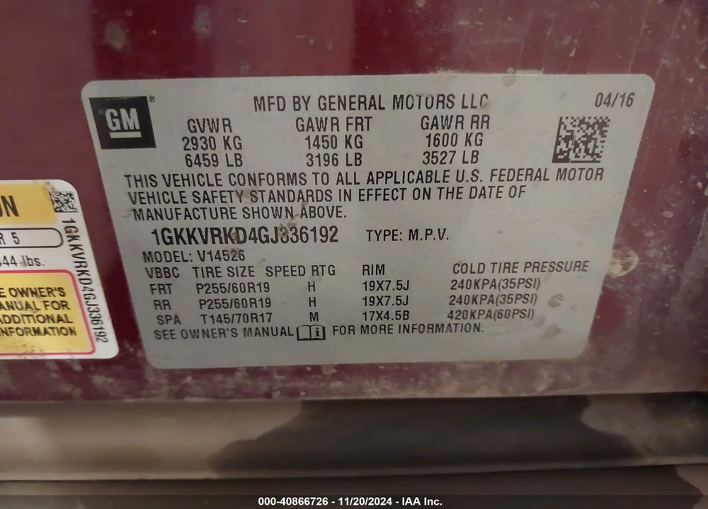 2016 GMC ACADIA SLT-1 VIN: 1GKKVRKD4GJ336192