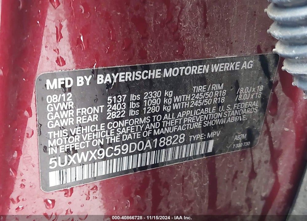 2013 BMW X3 XDRIVE28I VIN: 5UXWX9C59D0A18828