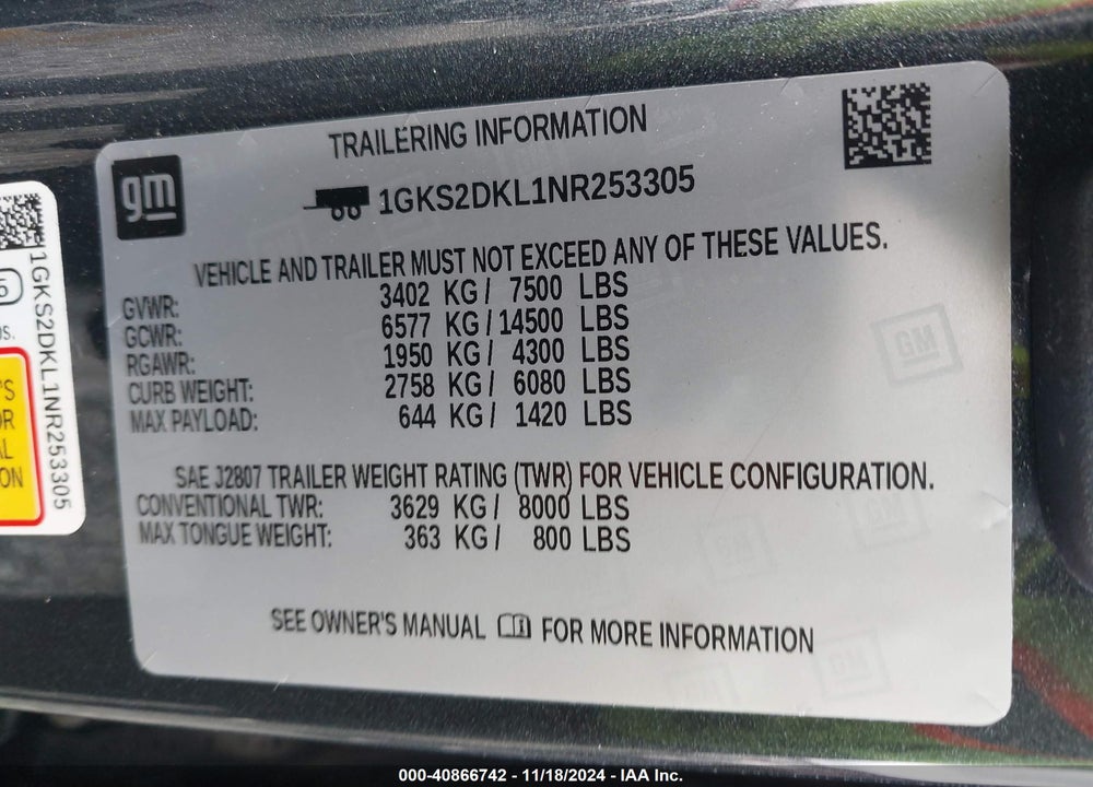 2022 GMC YUKON 4WD DENALI VIN: 1GKS2DKL1NR253305