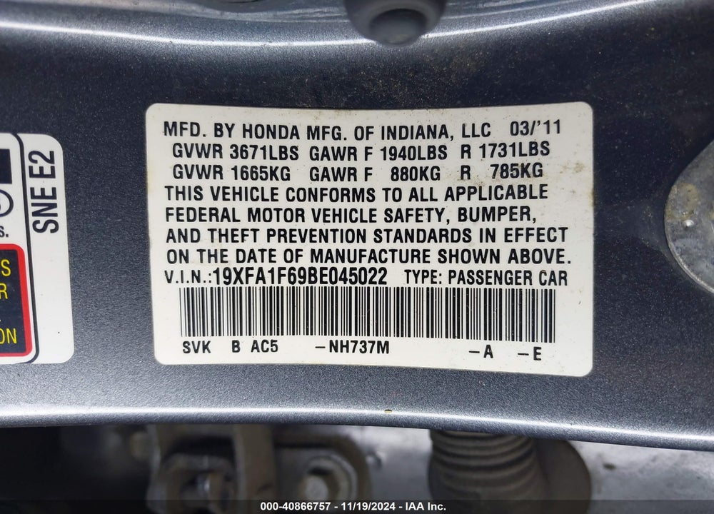 2011 HONDA CIVIC LX-S VIN: 19XFA1F69BE045022