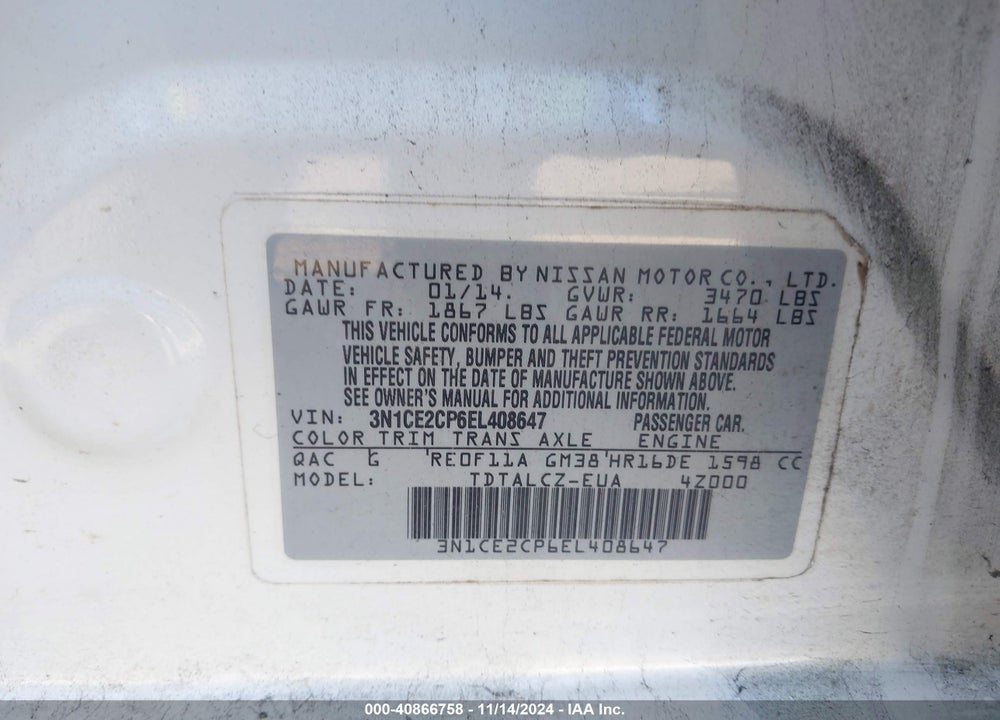 2014 NISSAN VERSA NOTE S PLUS VIN: 3N1CE2CP6EL408647