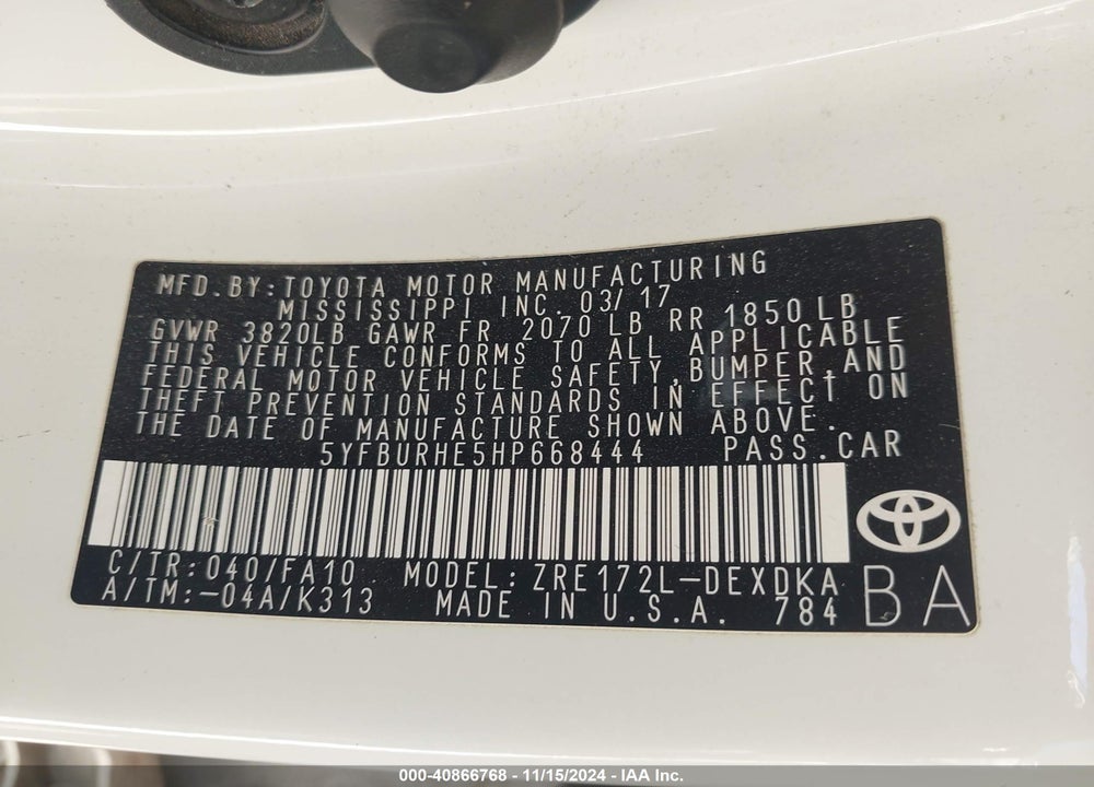 2017 TOYOTA COROLLA VIN: 5YFBURHE5HP668444