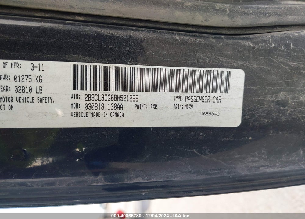 2011 DODGE CHARGER VIN: 2B3CL3CG6BH521268
