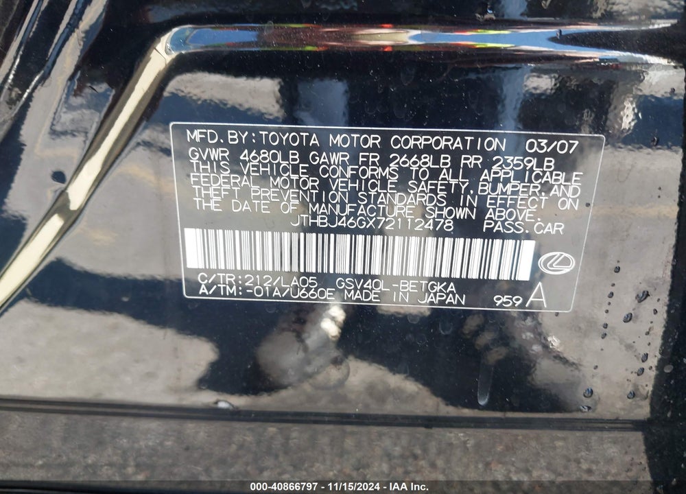 2007 LEXUS ES 350 VIN: JTHBJ46GX72112478