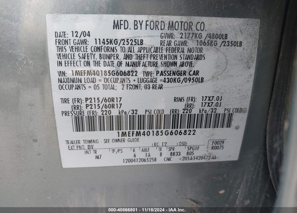 2005 MERCURY MONTEGO LUXURY VIN: 1MEFM40185G606822