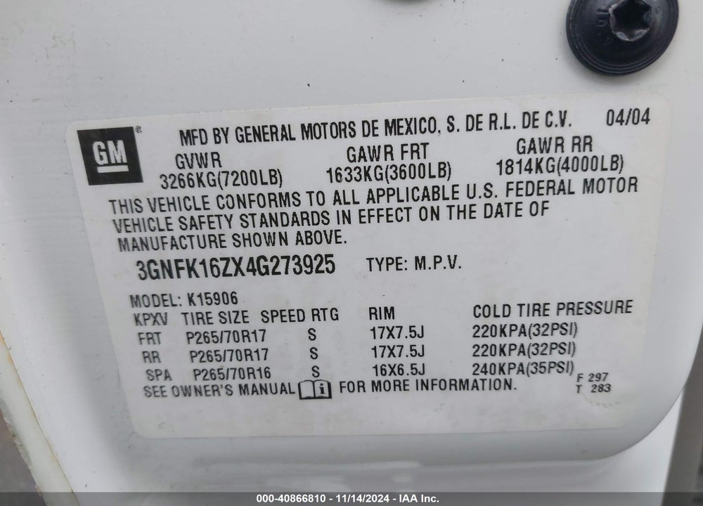 2004 CHEVROLET SUBURBAN 1500 LT VIN: 3GNFK16ZX4G273925