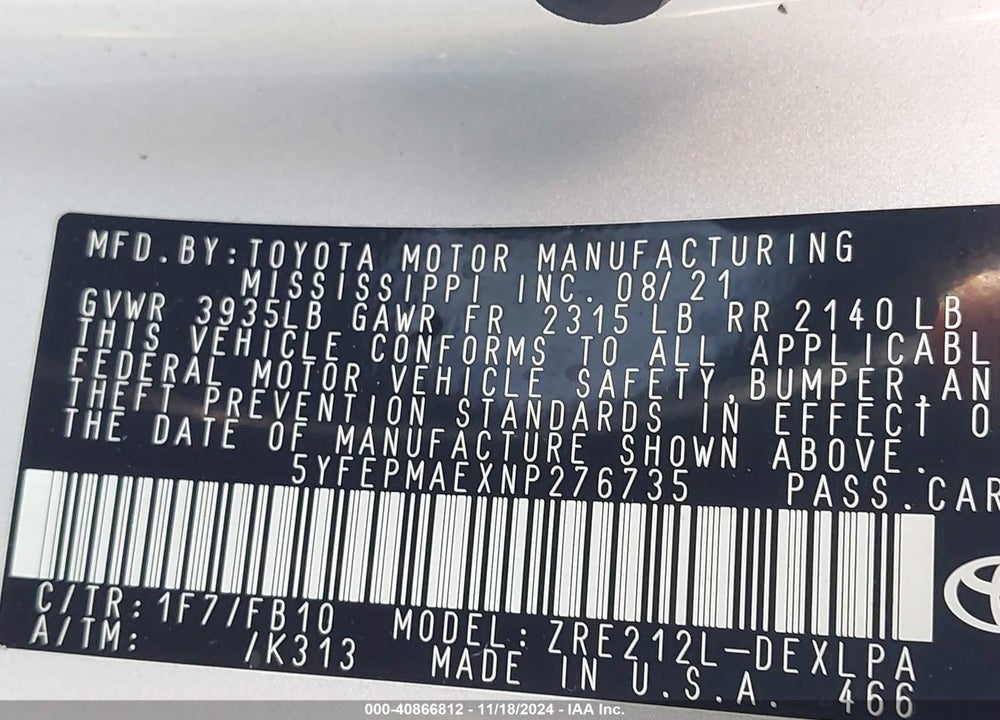 2022 TOYOTA COROLLA VIN: 5YFEPMAEXNP276735