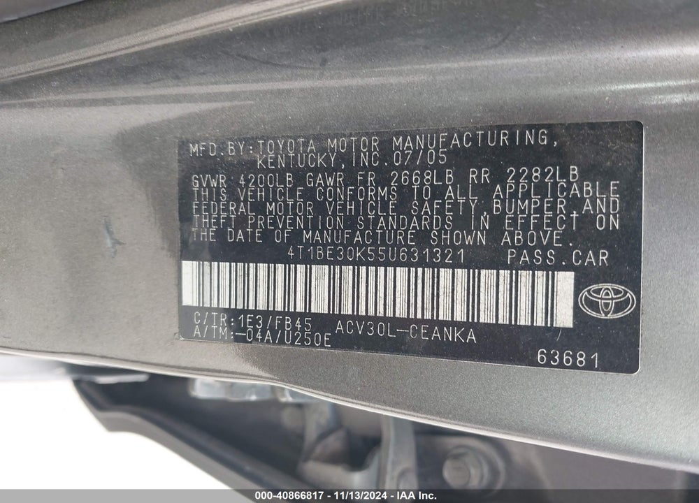 2005 TOYOTA CAMRY LE VIN: 4T1BE30K55U631321