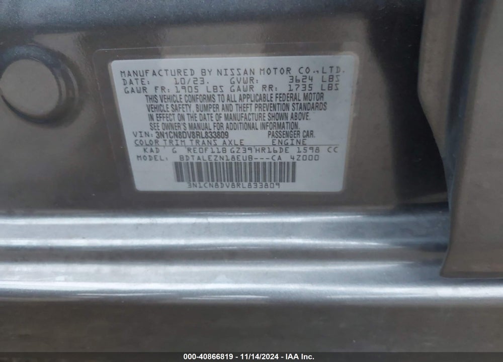 2024 NISSAN VERSA VIN: 3N1CN8DV8RL833809