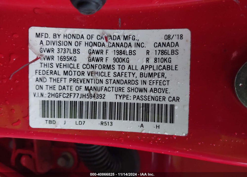 2018 HONDA CIVIC EX VIN: 2HGFC2F77JH594392