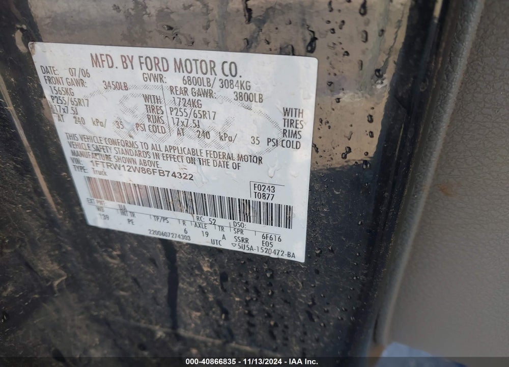 2006 FORD F-150 VIN: 1FTRW12W86FB74322