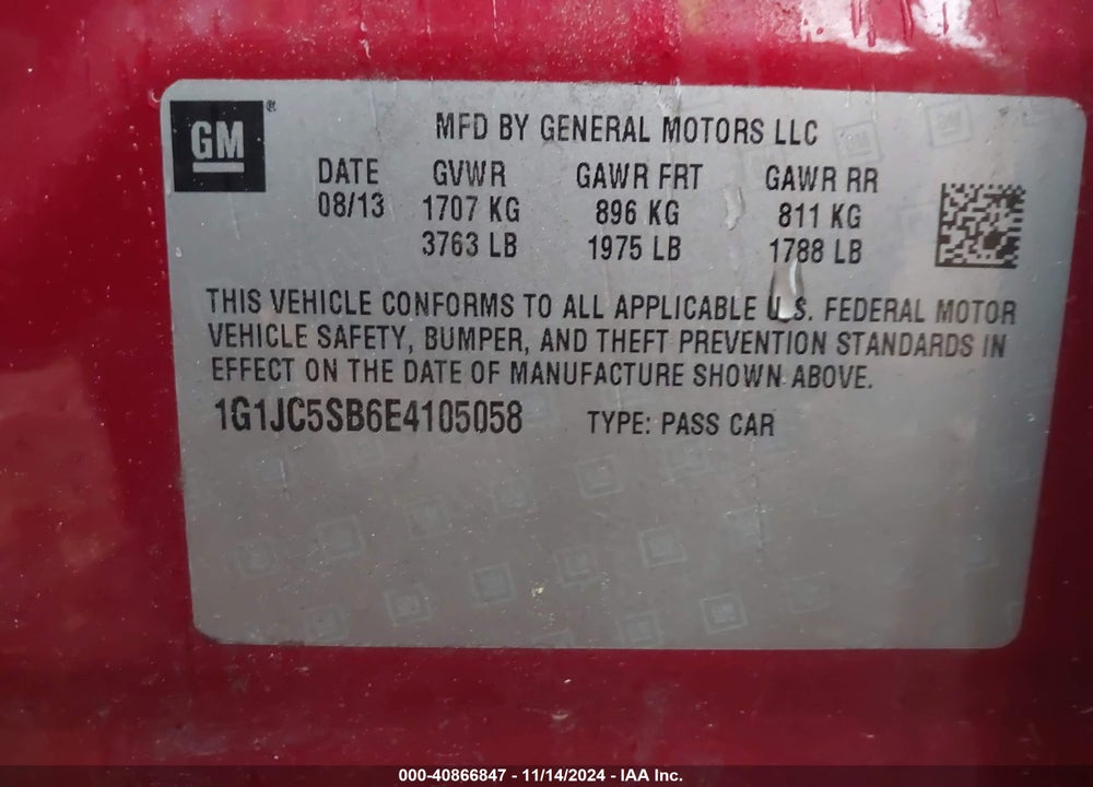 2014 CHEVROLET SONIC LT AUTO VIN: 1G1JC5SB6E4105058