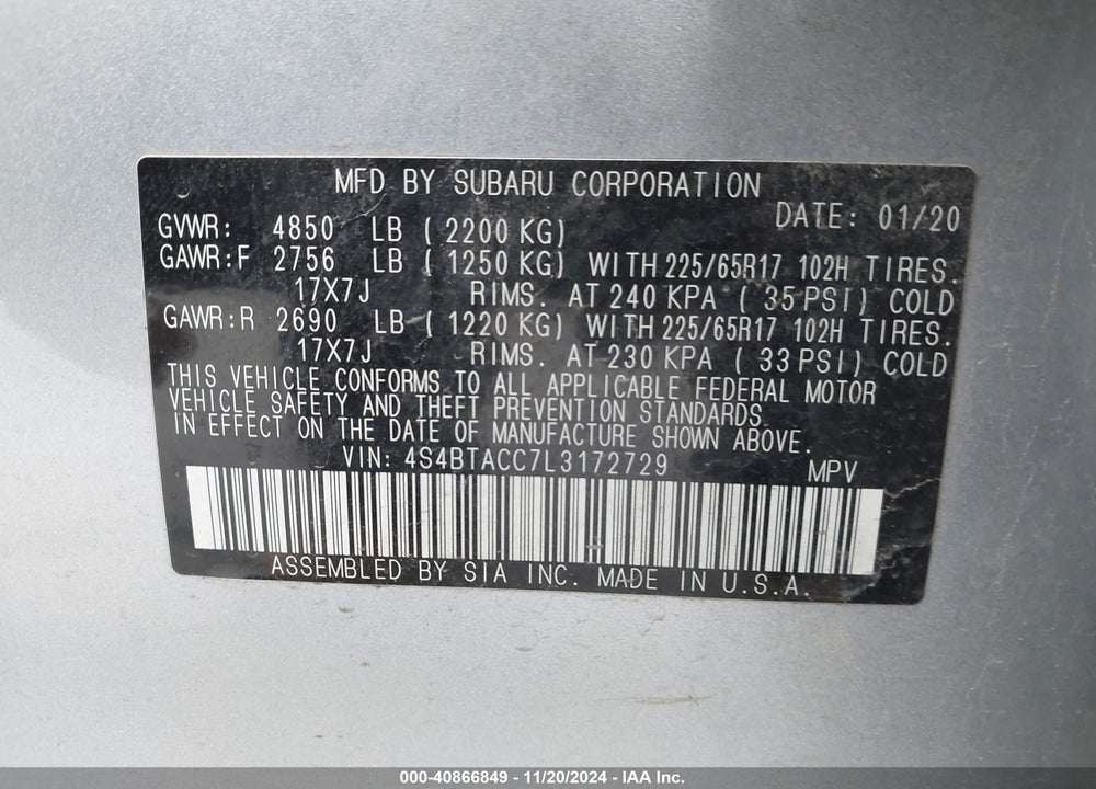 2020 SUBARU OUTBACK PREMIUM VIN: 4S4BTACC7L3172729