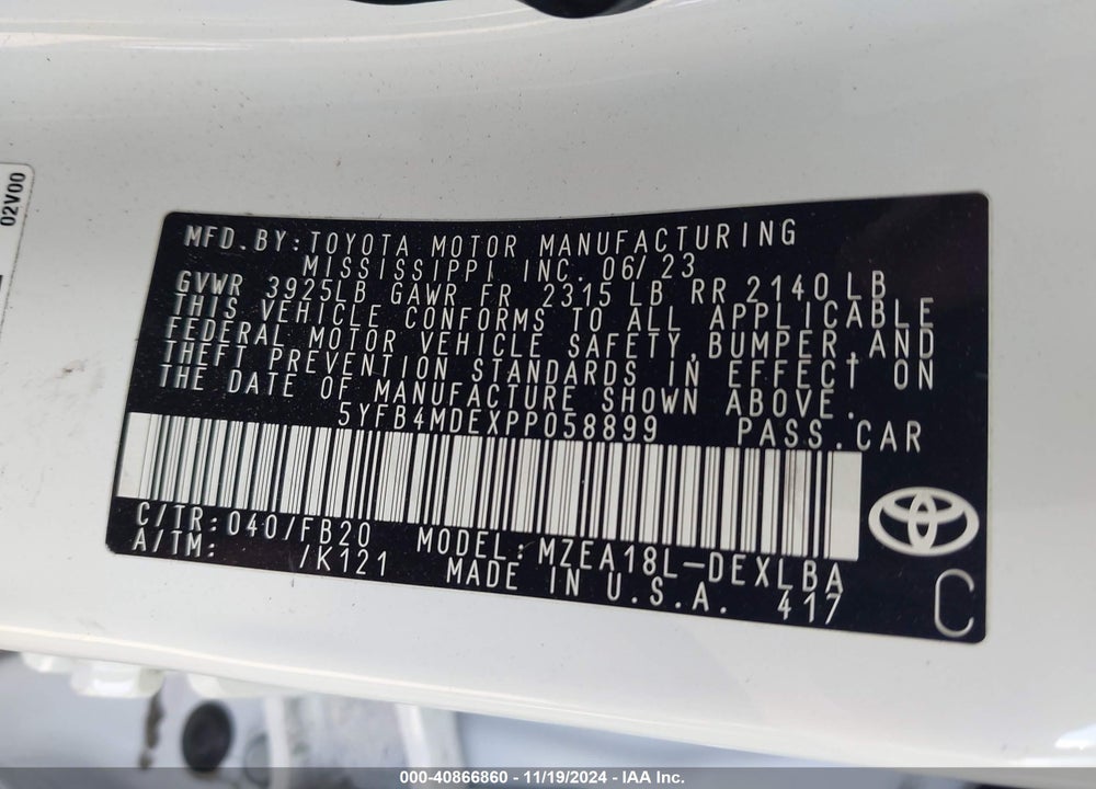 2023 TOYOTA COROLLA VIN: 5YFB4MDEXPP058899