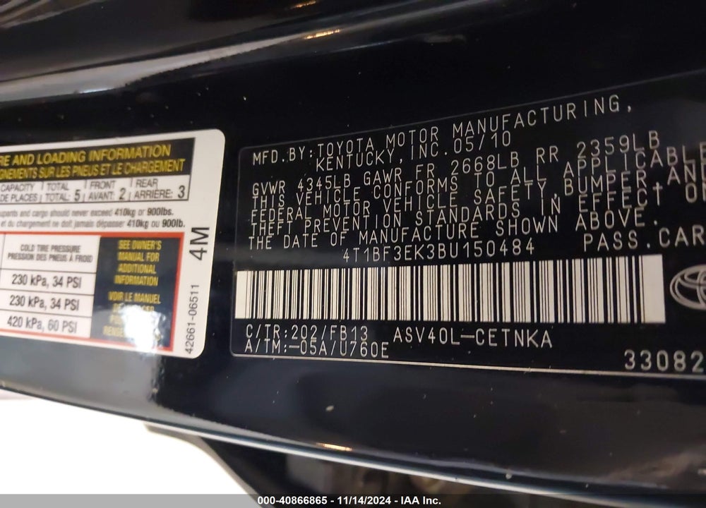 2011 TOYOTA CAMRY LE VIN: 4T1BF3EK3BU150484