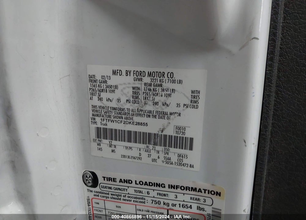 2013 FORD F-150 XLT VIN: 1FTFW1CF2DKE28855