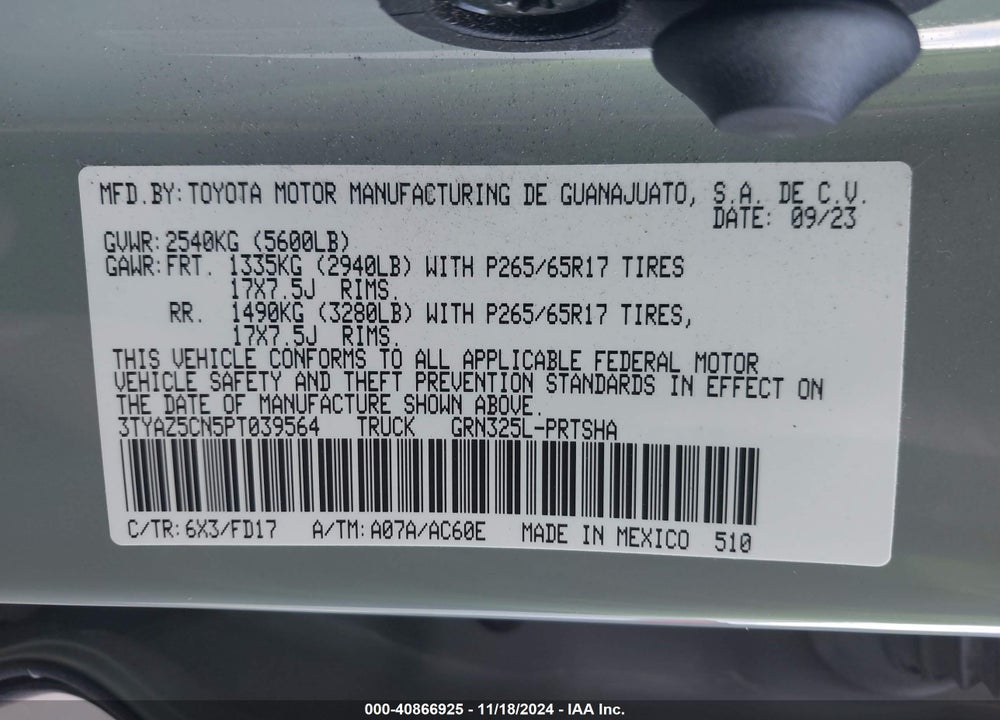 2023 TOYOTA TACOMA TRD SPORT VIN: 3TYAZ5CN5PT039564