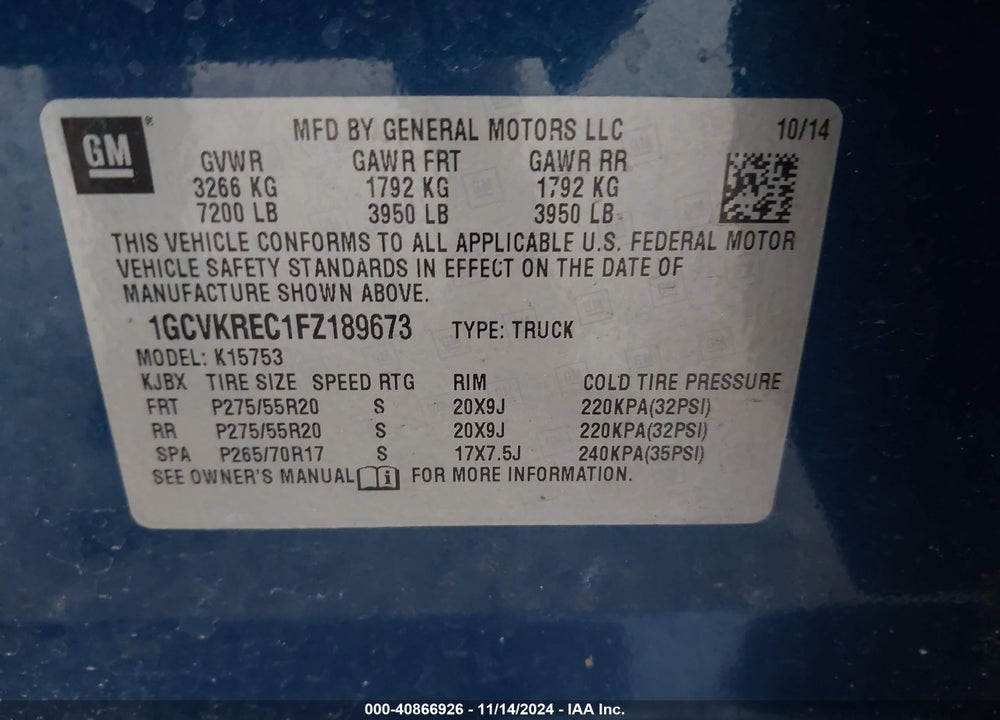 2015 CHEVROLET SILVERADO 1500 VIN: 1GCVKREC1FZ189673