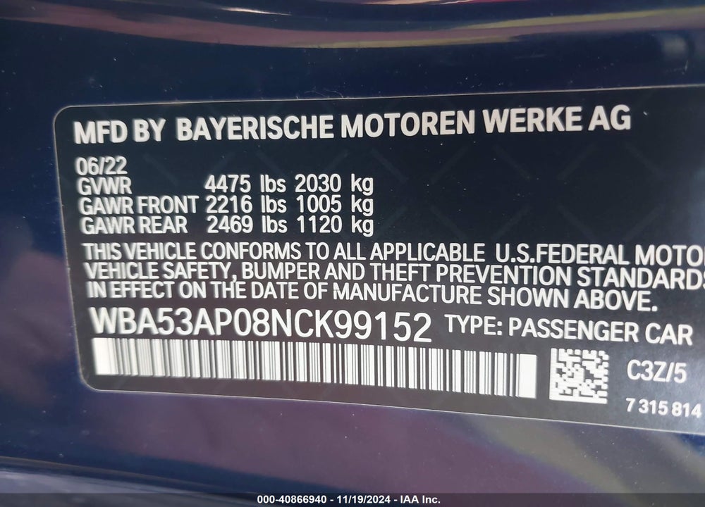 2022 BMW 430I VIN: WBA53AP08NCK99152