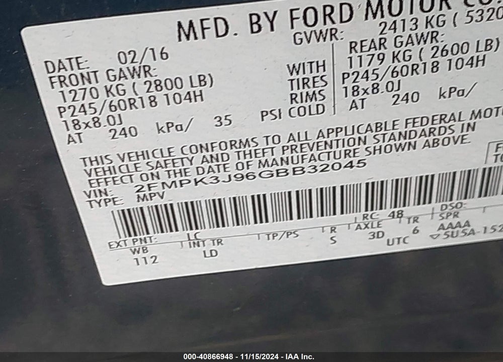 2016 FORD EDGE SEL VIN: 2FMPK3J96GBB32045