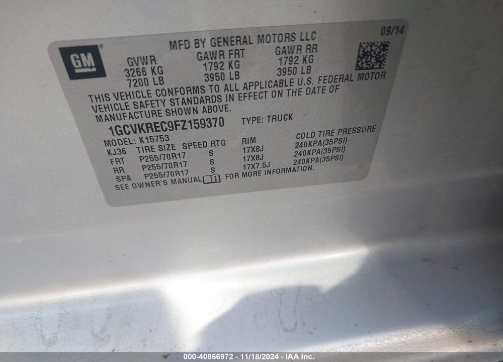 2015 CHEVROLET SILVERADO 1500 1LT VIN: 1GCVKREC9FZ159370