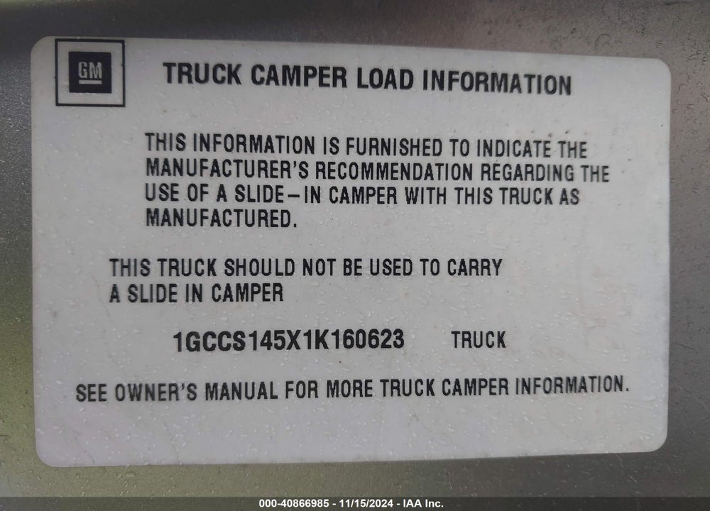 2001 CHEVROLET S-10 VIN: 1GCCS145X1K160623