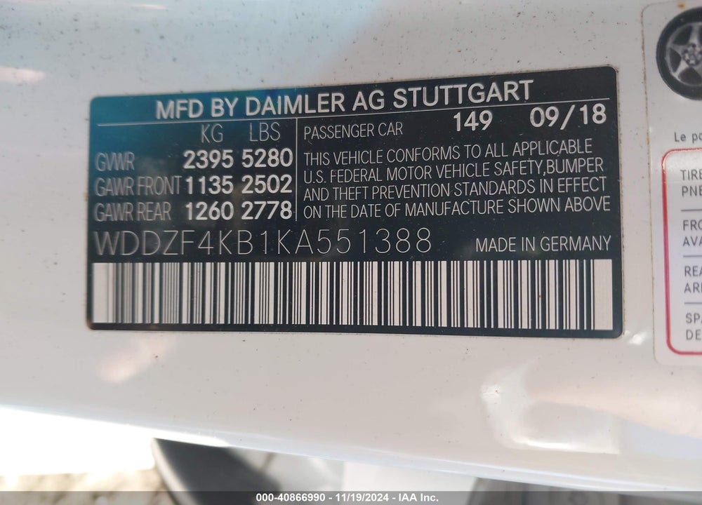 2019 MERCEDES-BENZ E 300 4MATIC VIN: WDDZF4KB1KA551388