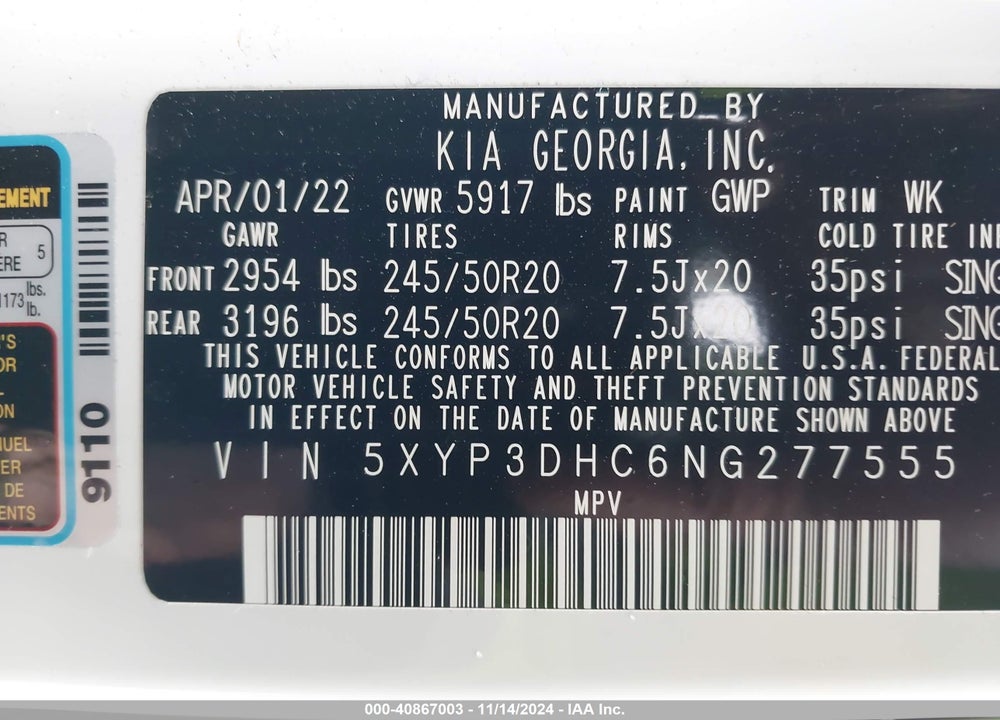 2022 KIA TELLURIDE EX VIN: 5XYP3DHC6NG277555