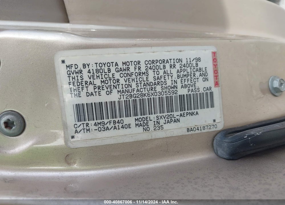 1999 TOYOTA CAMRY LE VIN: JT2BG28K6X0305592