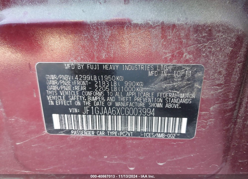 2012 SUBARU IMPREZA 2.0I VIN: JF1GJAA6XCG003994