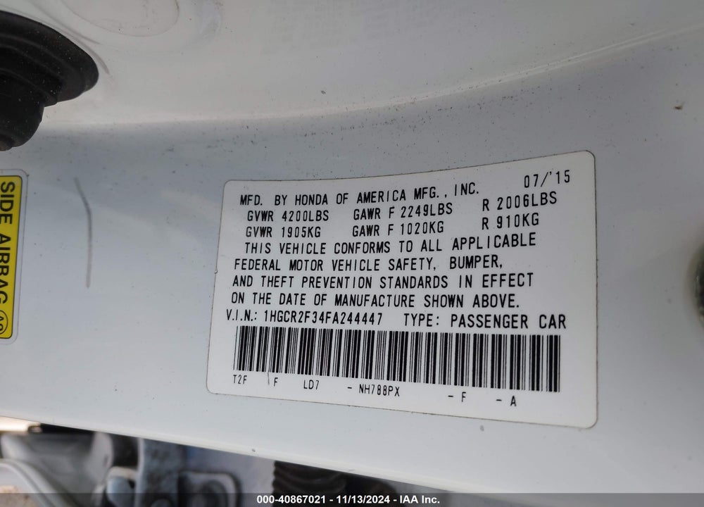 2015 HONDA ACCORD LX VIN: 1HGCR2F34FA244447