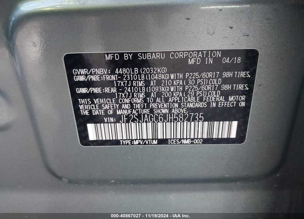2018 SUBARU FORESTER 2.5I PREMIUM VIN: JF2SJAGC6JH582735