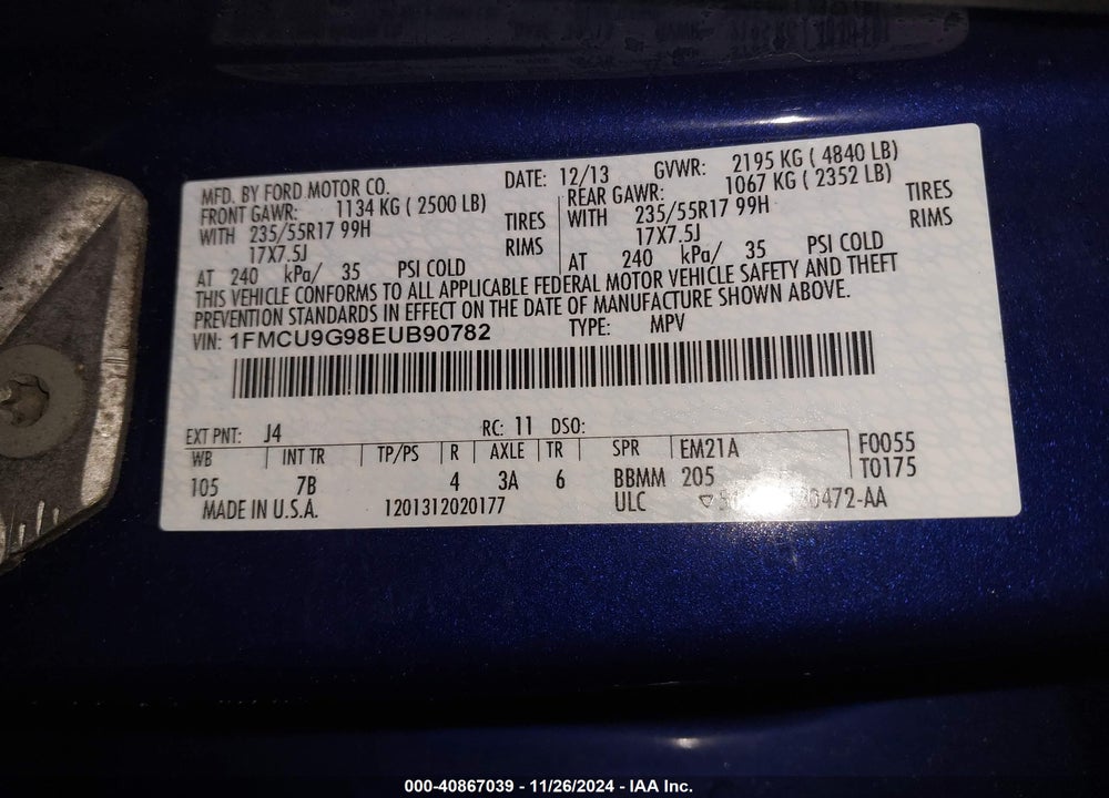 2014 FORD ESCAPE SE VIN: 1FMCU9G98EUB90782