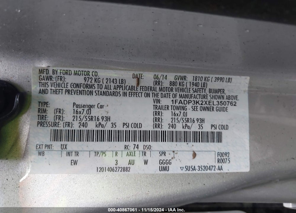 2014 FORD FOCUS SE VIN: 1FADP3K2XEL350762