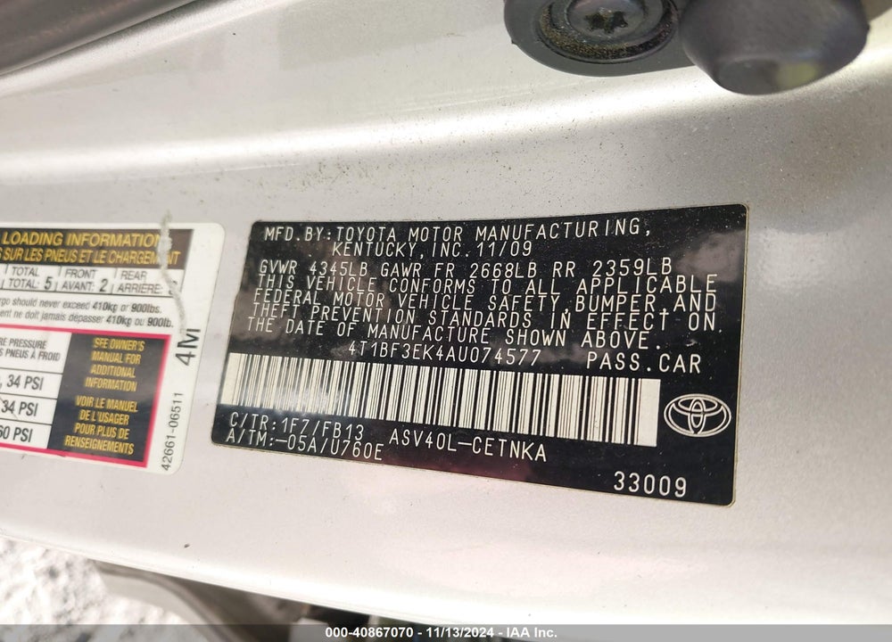 2010 TOYOTA CAMRY LE VIN: 4T1BF3EK4AU074577