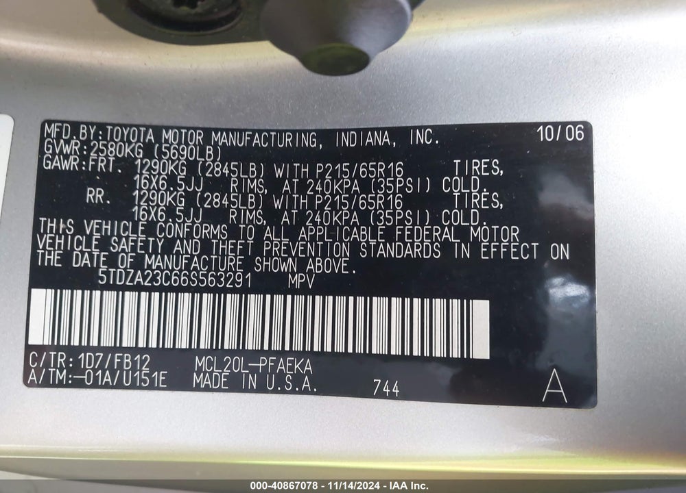 2006 TOYOTA SIENNA CE VIN: 5TDZA23C66S563291